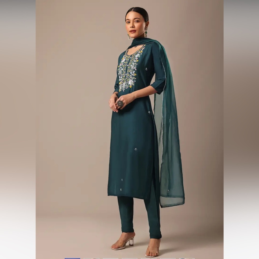 Indian Wedding Guest Dress - Blue Chanderi Hand Embroidered Kurta Set - NEW